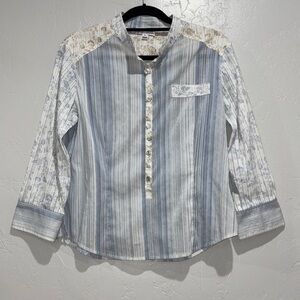 ST. JOHN SPORT Blue and White Mandarin Collar Button Down Blouse